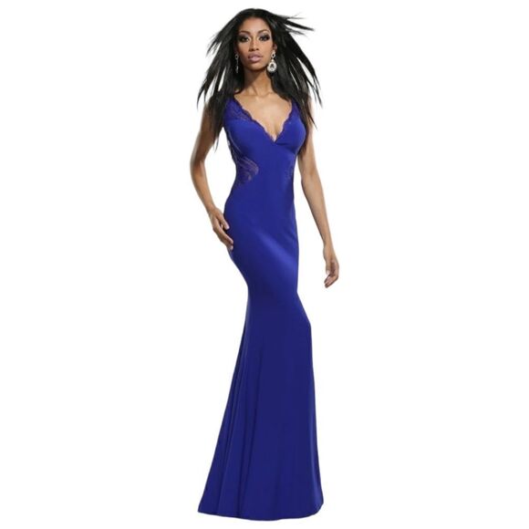 Xcite Womens Formal Royal Blue Evening Dress Size 8 Open Back Split Hem Lacy - Picture 1 of 14